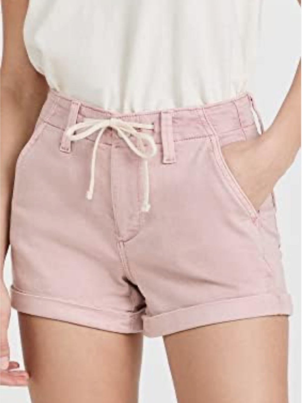 PAIGE Christy Short High-Rise Drawstring Denim Shorts Vintage Rouge Glow Size 31